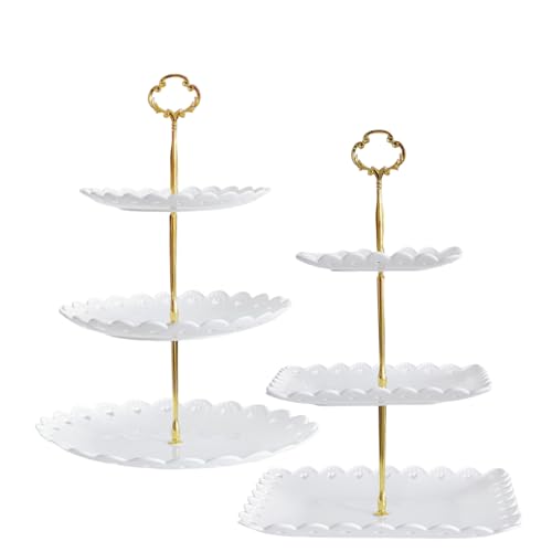 2 Pack of Large Round & Square Dessert Cupcake Stand, 3 Tier Cup Cake Holder Tower for Tea Party/Birthday/Wedding, Plastic Tiered Serving Tray (White)