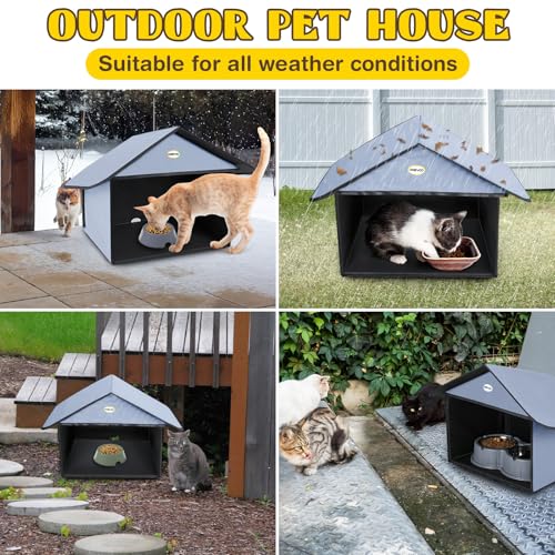 Dreyoo Outdoor Cat Feeding Station Weatherproof Shelter for Food & Water, Dusty Blue Y29685