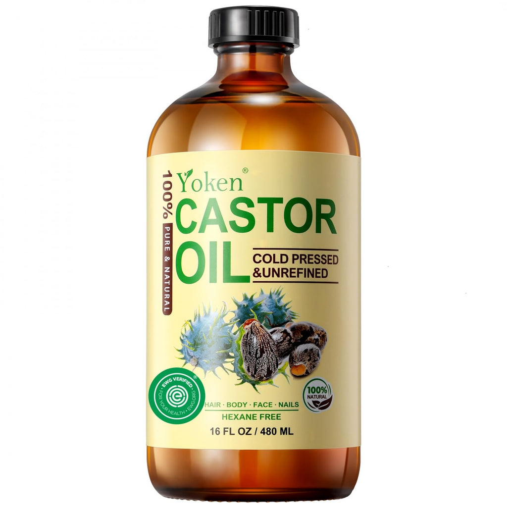 Yoken Pure Castor Oil Glass Bottle 16 fl oz for Face, Body, Hair U780559