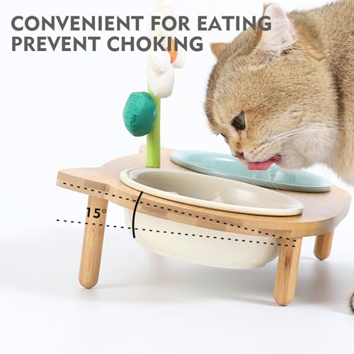 Elevated Cat Ceramic Bowls Stand with Bamboo Base, Anti Vomit, Raised Feeding Dish for Cats and Puppy (L-Beige) L28774