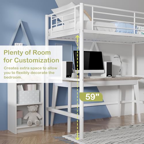 VECELO Loft Bed Twin Size Metal Frame with Ladder and Guardrail, Pink B728246