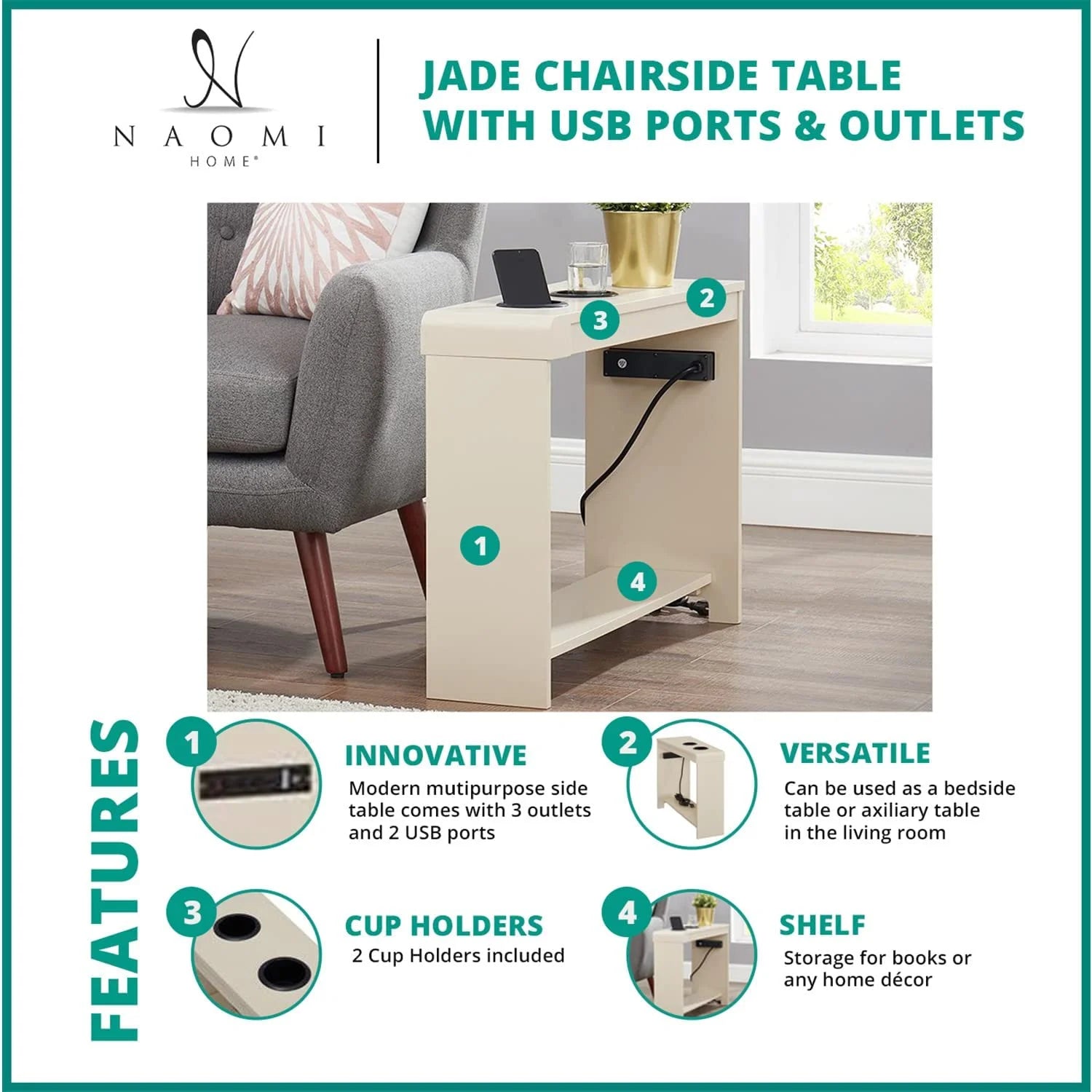End Table with Charging Station for Living Room, USB Ports & Outlets Y492