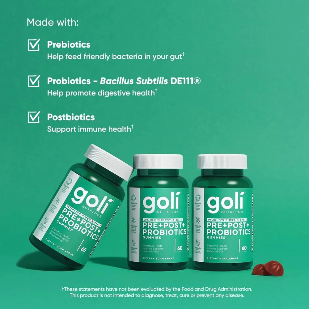 Goli Nutrition Tribiotic Gummies, Pre + Post + Probiotics, 60 Count O96449