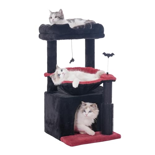 Gothic Cat Tree 32 Inches Small Cat Tree for Large Cats Adult Cat Tower with Scratching Post,15.7”Large Hammock and Self Groomer, and Removable Top Perch and Wide Condo for Indoor Cat-Gothic