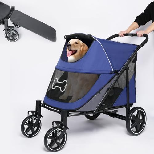 Dog Stroller for Large Dogs Up to 80 lbs One-Click Foldable Medium Dogs Pet Stroller with Access Ramp, Storage, Breathable Mesh Window and Safety Brake, Navy Blue