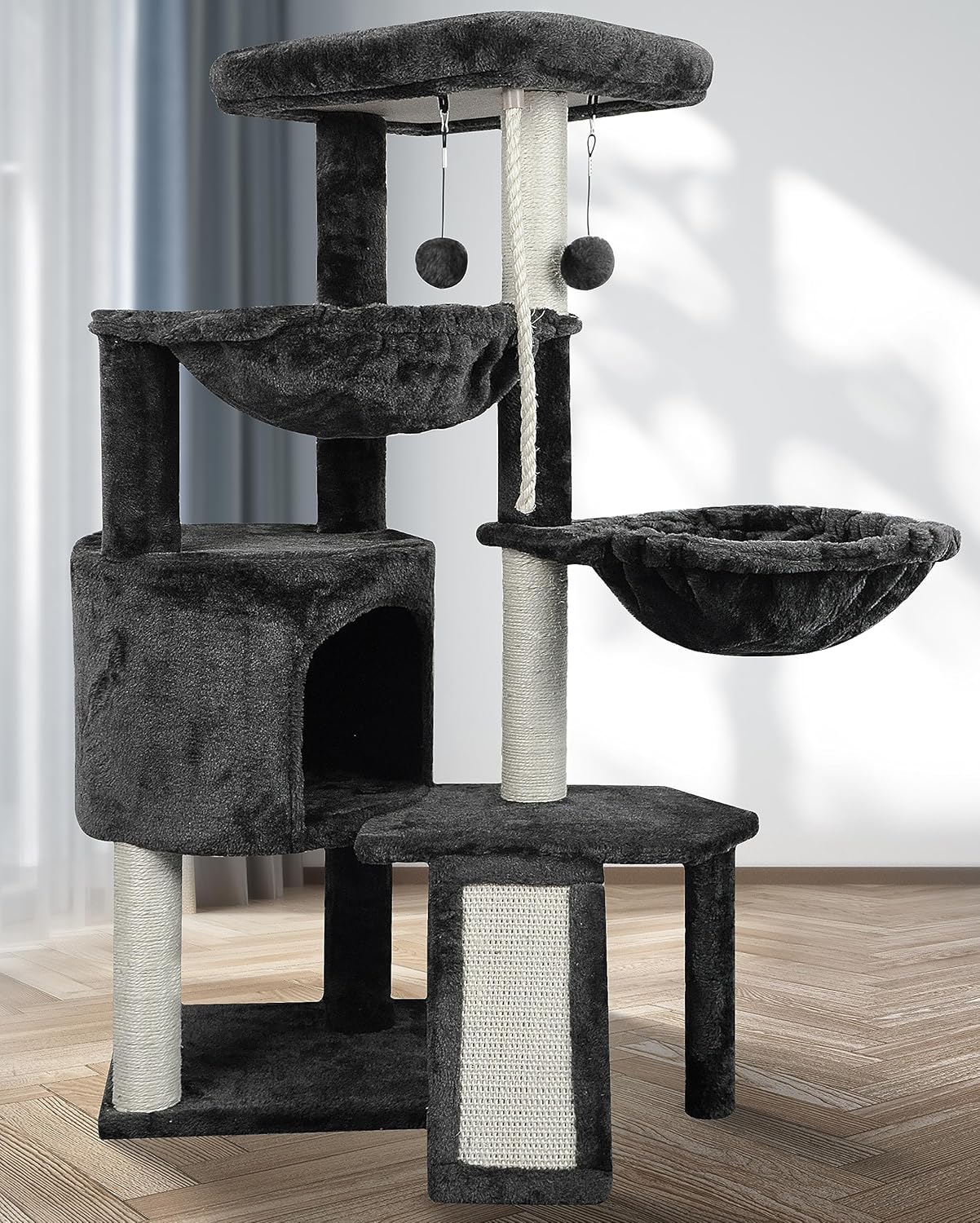 Xin Three Layer Cat Tree with Cat Condo and Two Hammocks, Darkgray C11890