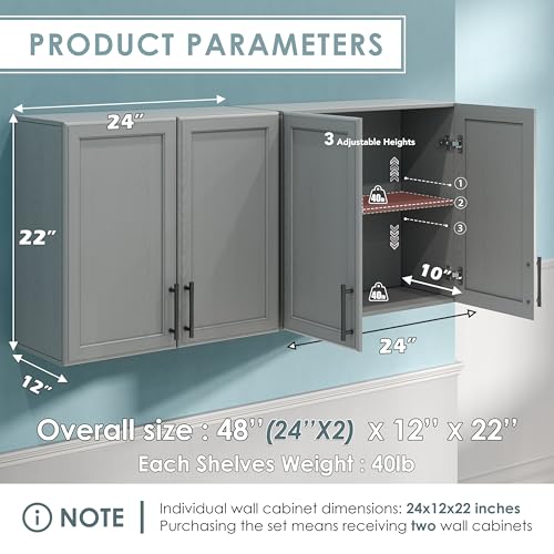 Wall Storage Cabinet with Two Shaker Doors and Shelf, Grey, 24"W, 2 Pcs N34755