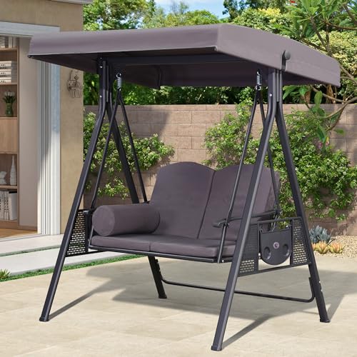 PURPLE LEAF Outdoor Patio Porch Swing with Adjustable Canopy, 3-Seat Bench, Grey W393