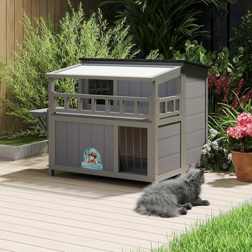 Outdoor Cat House 2-Tier Wood Shelter with Sunlight Roof, Gray J986