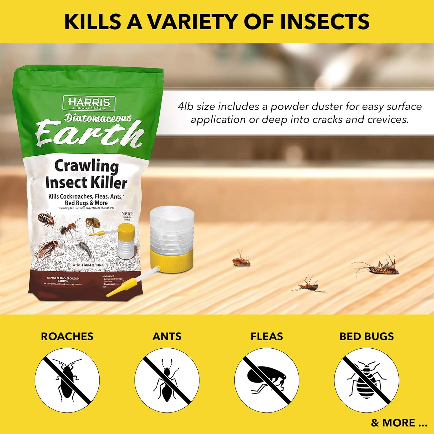 Harris Diatomaceous Earth Crawling Insect Killer, 4lb with Powder Duster X152