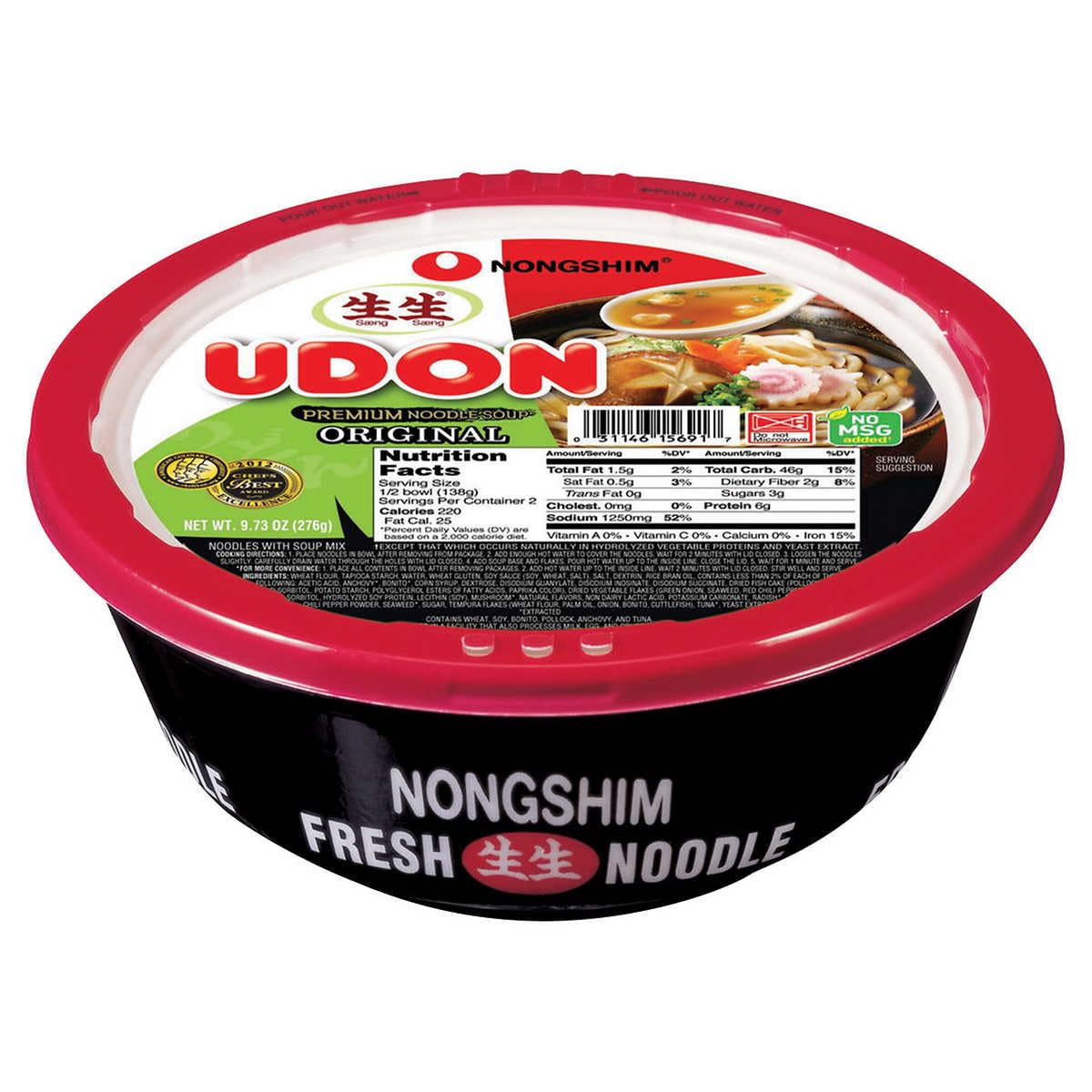 Nongshim Udon Premium Noodle Soup Bowl, Original Flavor, 6 Count U542