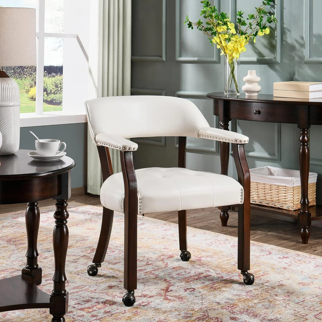 Solid Wood Dining Chairs with Casters and Arms, Cherry Legs & Ivory PU, SY-1533-WT I6969