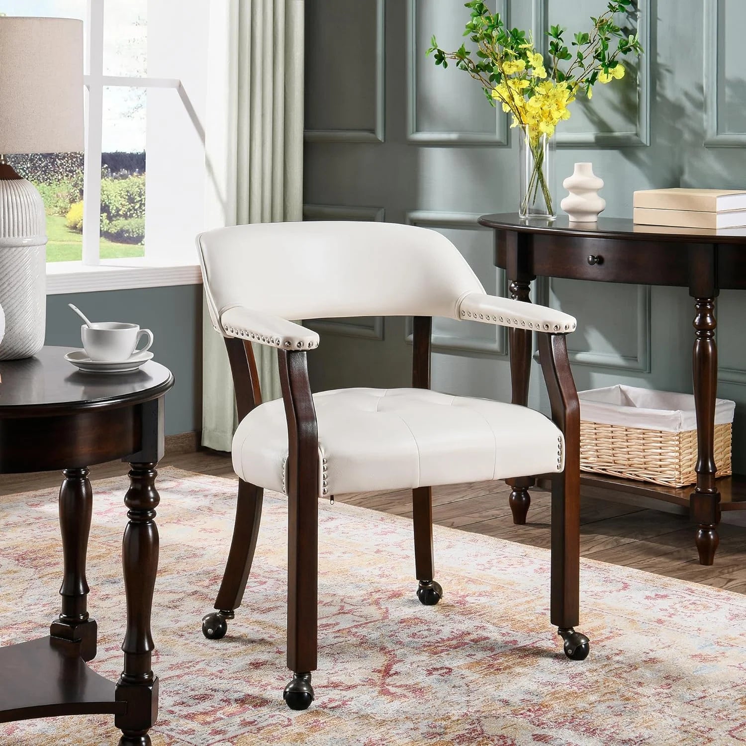 Solid Wood Dining Chairs with Casters and Arms, Cherry Legs & Ivory PU, SY-1533-WT I6969