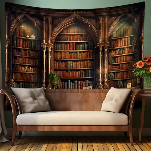 QGHOT Medieval Bookshelf Tapestry Vintage Library Wall Hanging P36533