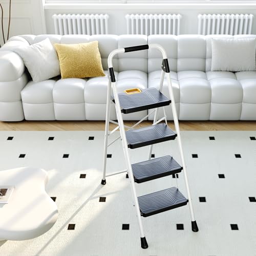 KINGRACK 3 Step Folding Ladder, 800lbs Capacity, Non-Skid Wide Pedals, White W71585