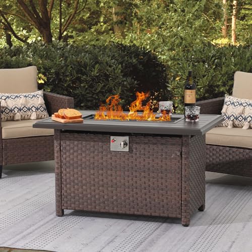 SUNSITT Outdoor Fire Pit Table 43 Inch Wicker Propane with Aluminum Tabletop, Taupe F2263