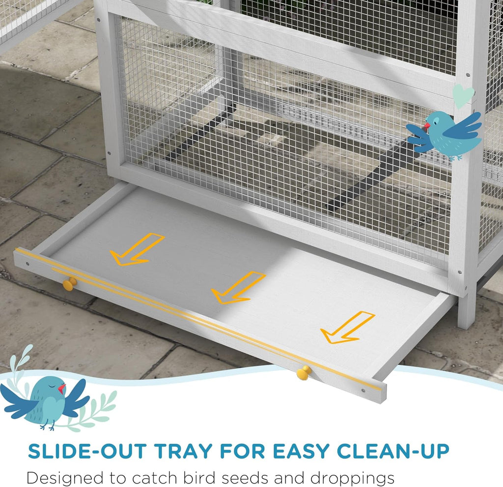 PawHut Wooden Bird Aviary Outdoor Cage with Slide-Out Tray, Gray E331667