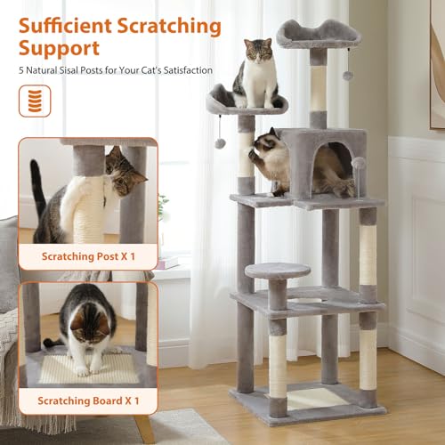63'' Cat Tree Tower with Condo, Scratching Post, Grey D38106