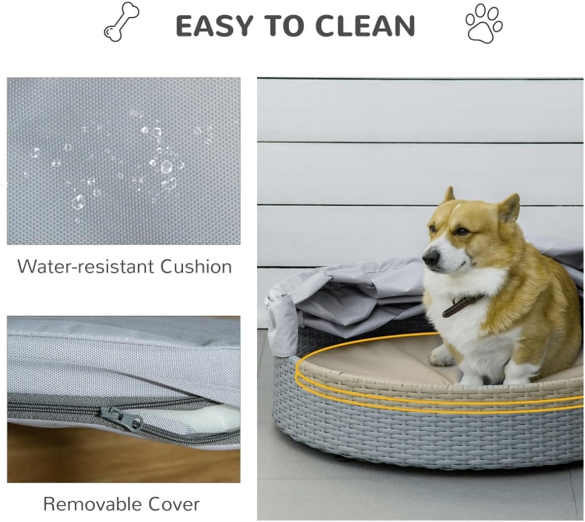 Wicker Dog Bed Rattan Pet Sofa with Adjustable Canopy and Cushion, Grey V581