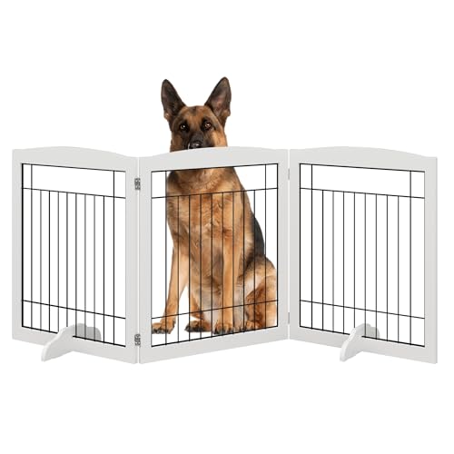 4NM No-Assembly Folding 72" Extra Wide 30" Tall Wooden Dog Gate, Freestanding Wire Pet Gate, Accordion Puppy Gate, with 2PCS Support - All White