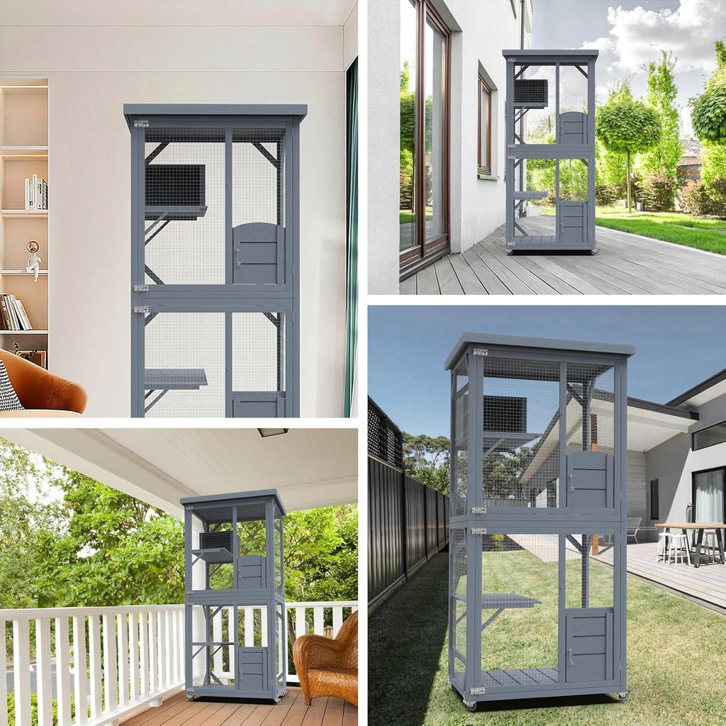 Wooden Catio Outdoor Cat House with Run on Wheels for Multiple Cats Y34890