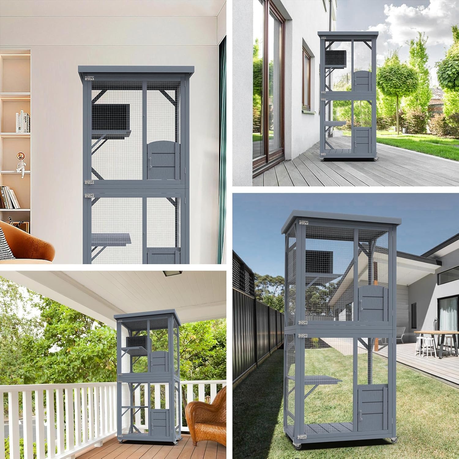 Wooden Catio Outdoor Cat House with Run on Wheels for Multiple Cats Y34890