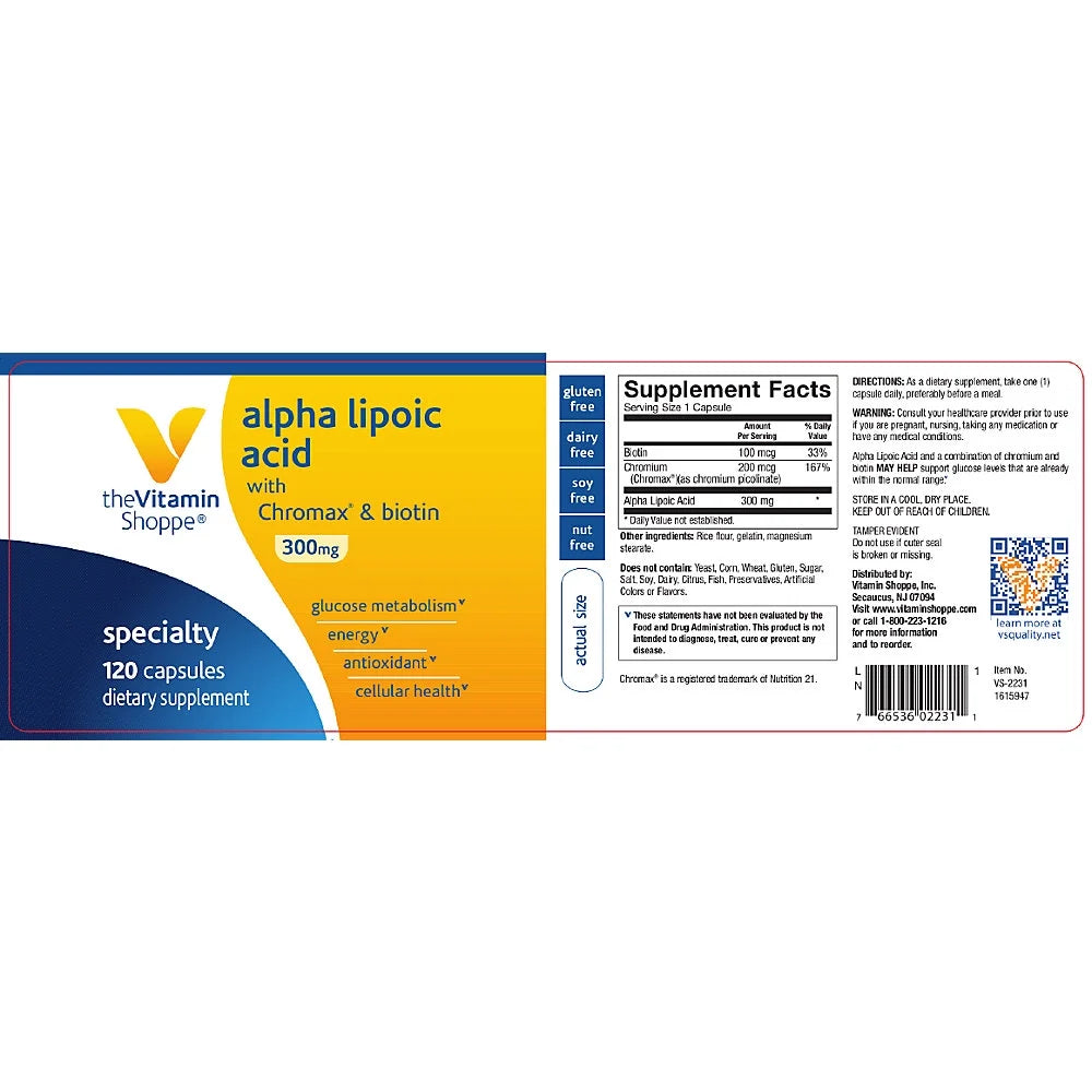 The Vitamin Shoppe Alpha Lipoic Acid with Chromax & Biotin, 120 Capsules S2305