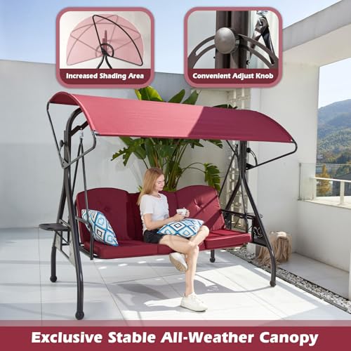800LBS Patio Swing with Canopy 3 Seat Outdoor Porch Swing with Stand, Cup Holder & Pillow (Green) O887