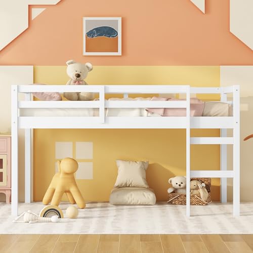 Twin Size Low Loft Bed with Ladder and Safety Guardrail, Solid Wood, White D5235