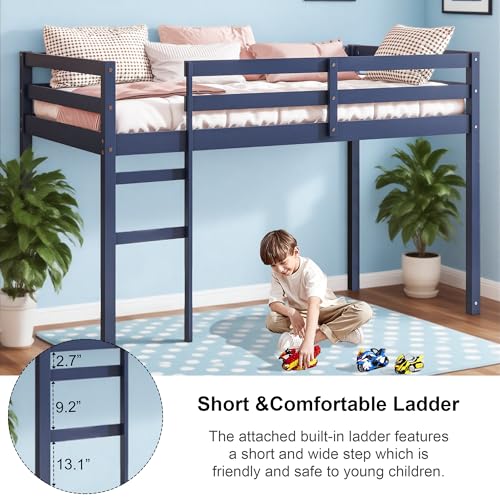 Twin Size Low Loft Bed with Ladder and Safety Guardrail, Solid Wood, White D5235