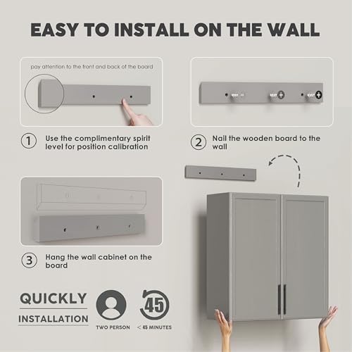 Wall Storage Cabinet with Two Shaker Doors and Shelf, Grey, 24"W, 2 Pcs N34755
