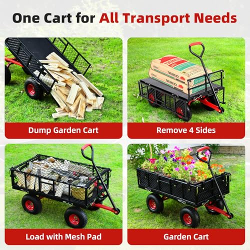 Steel Garden Dump Cart 880lbs, Heavy Duty Utility Wagon with Removable Mesh Sides Q536
