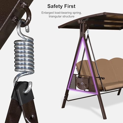 PURPLE LEAF Outdoor Patio Porch Swing with Adjustable Canopy, 3-Seat Bench, Grey W393