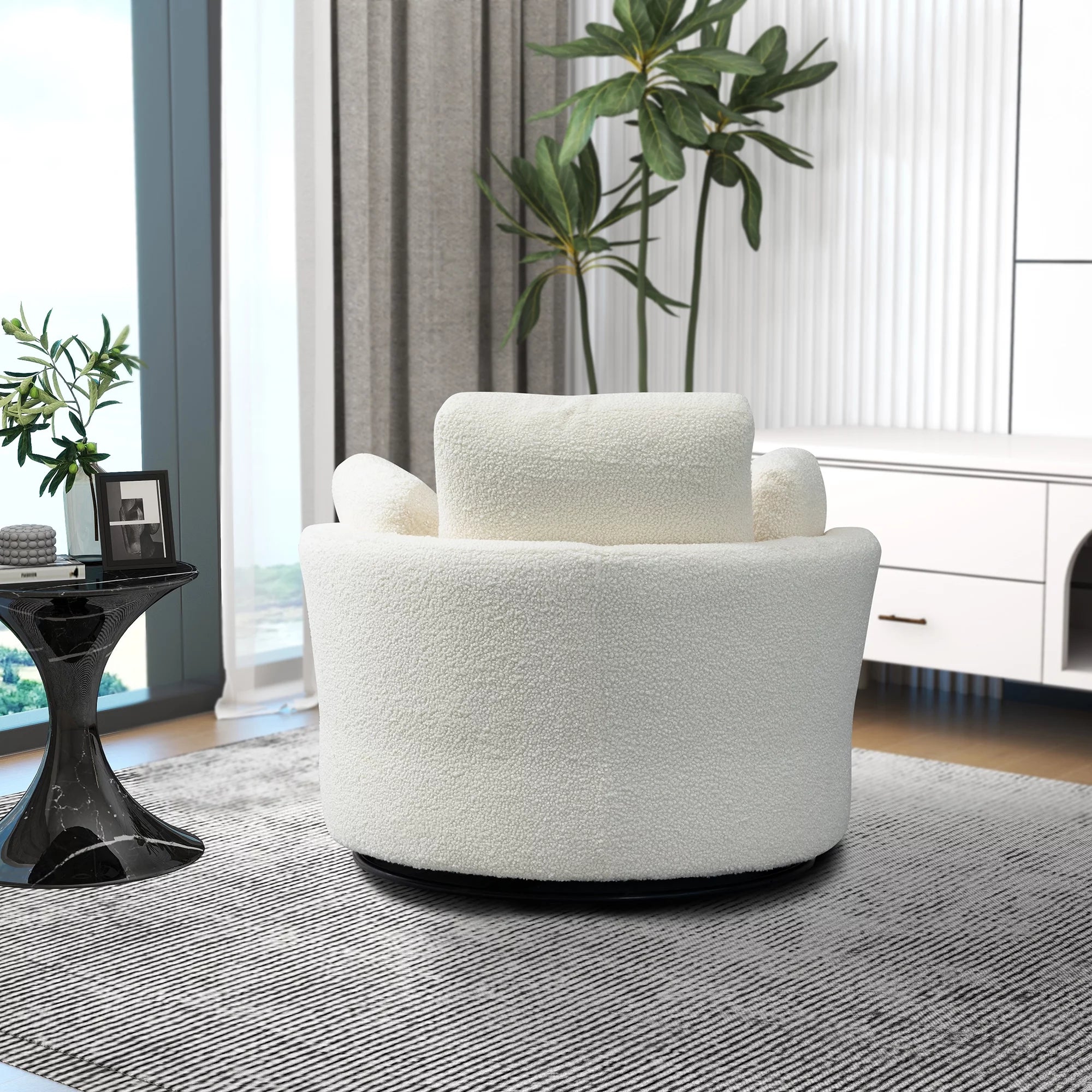42.2"W Swivel Accent Barrel Chair and Half Sofa with 3 Pillows, Ivory Boucle P32898