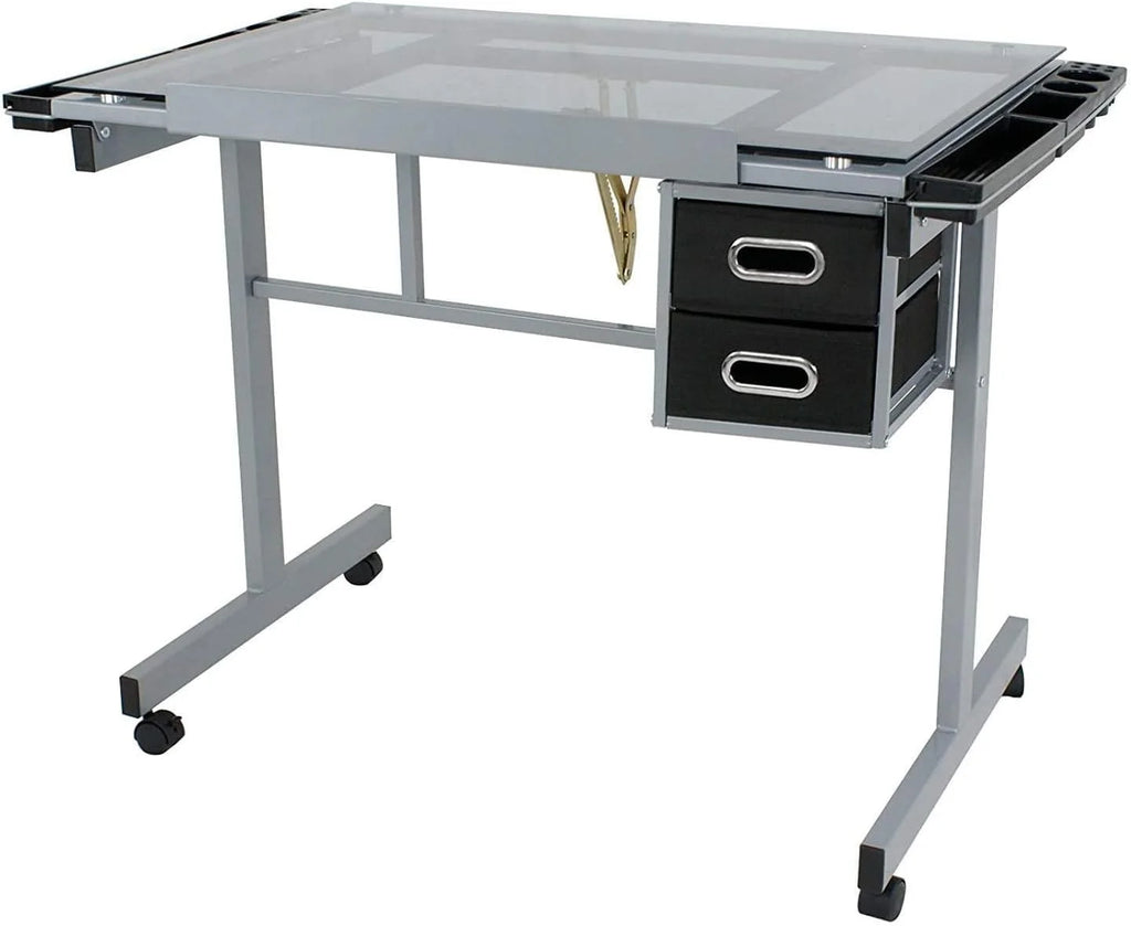 KHBIULIFE Adjustable Drafting Table with Tempered Glass Top and 2 Drawers R8017