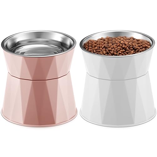 Cat Feeder, 2 Pcs Elevated Stainless Steel Bowls with Adjustable Raised Stand, Non-Slip Pet Food and Water Bowl for Cats, Dogs, Hygienic Feeding Eating Pets (Blue, White)