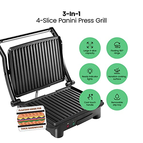 Chefman Panini Press Grill and Gourmet Sandwich Maker, Non-Stick, 4 Slice, Black U13044