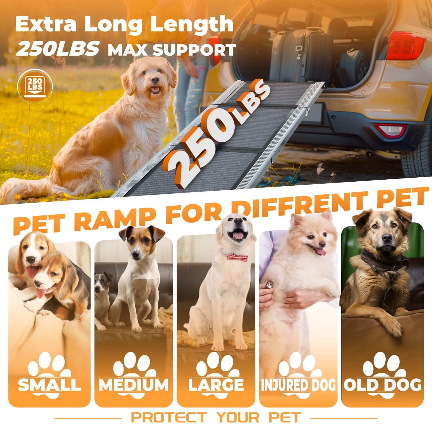 Foldable Dog Car Ramp for Large Dogs, 71" Non-Slip, Extra Wide Z6067