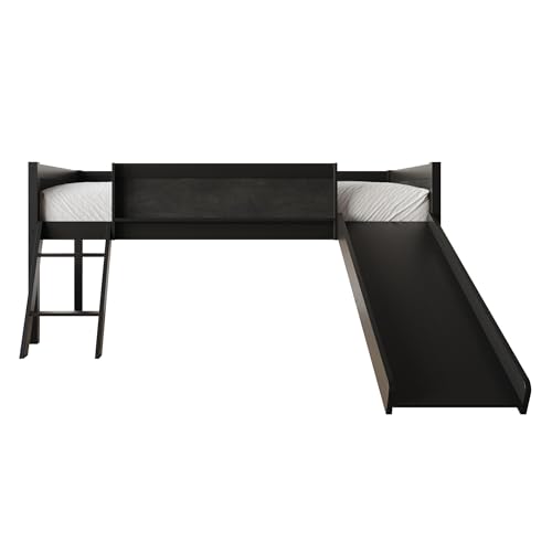 Antique Gray Wood Twin Loft Bed with Slide and Ladder for Kids A324