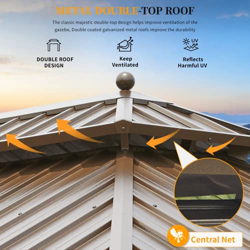 YOLENY 10' x 12' Hardtop Gazebo with Galvanized Steel Double Roof, Netting and Curtains Y84317