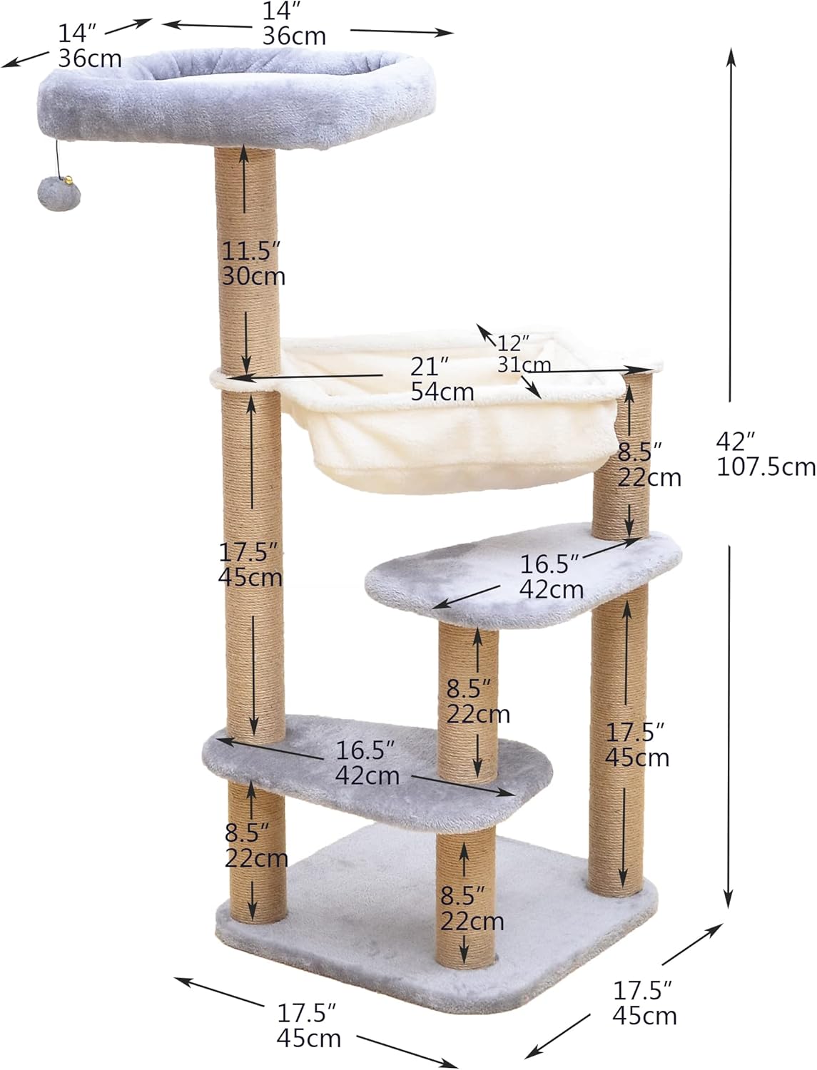 Catry Babylon Cat Tree with Cat Hammock, Scratching Post, 42" Sturdy Cat Furniture, Grey Beige P42273