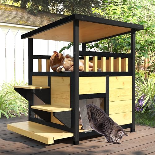 Outdoor Cat House Weatherproof Two Story Feral Cat Shelter with Escape Door G358954