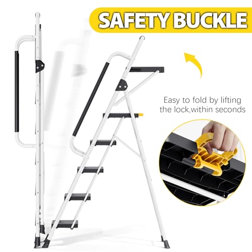 KINGRACK 3 Step Folding Ladder, 800lbs Capacity, Non-Skid Wide Pedals, White W71585