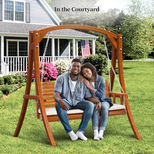 VINGLI Heavy Duty 880 LBS Patio Wooden Porch Swing with Extra Cushion, 5 FT Y211