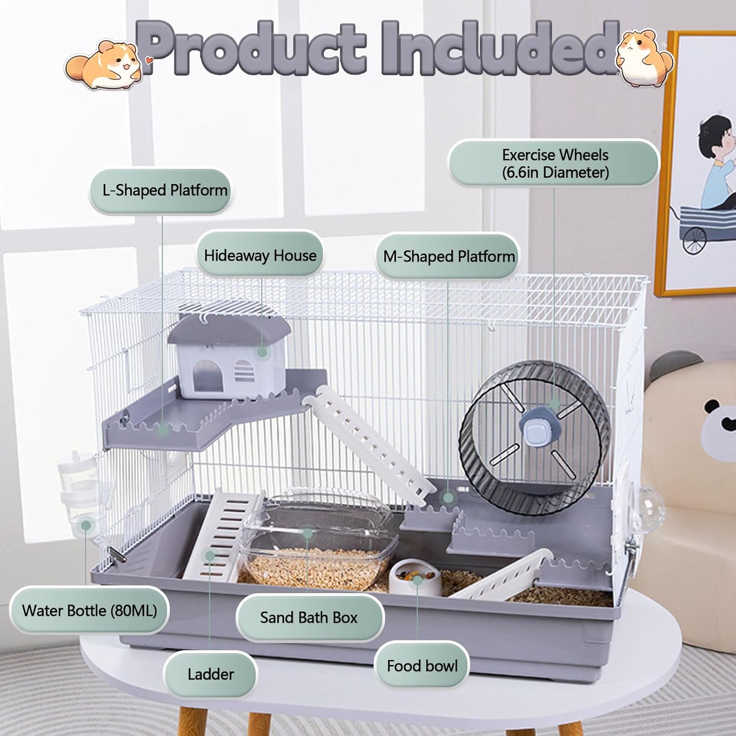 kathson Hamster Cage with Accessories, 3-Level, Grey E233111