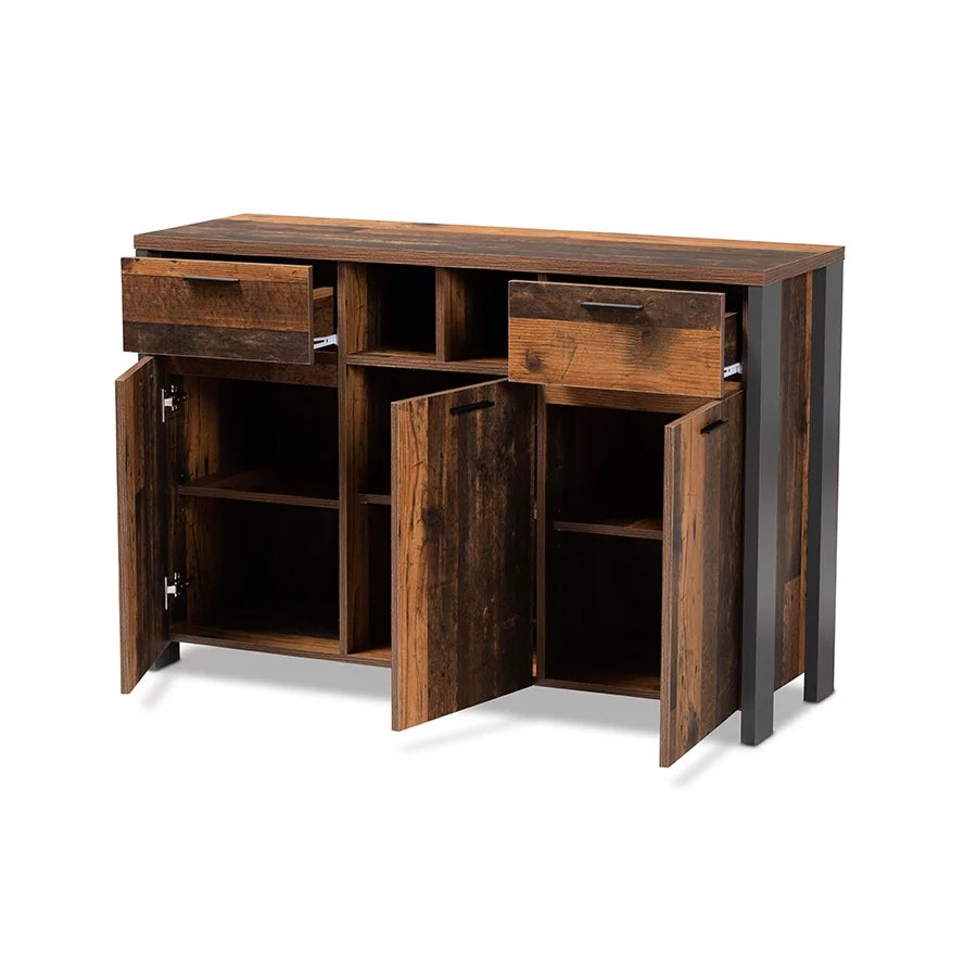 Baxton Studio Ranger Mid-Century Modern Rustic Brown Wood and Grey Metal 2-Door Sideboard G811
