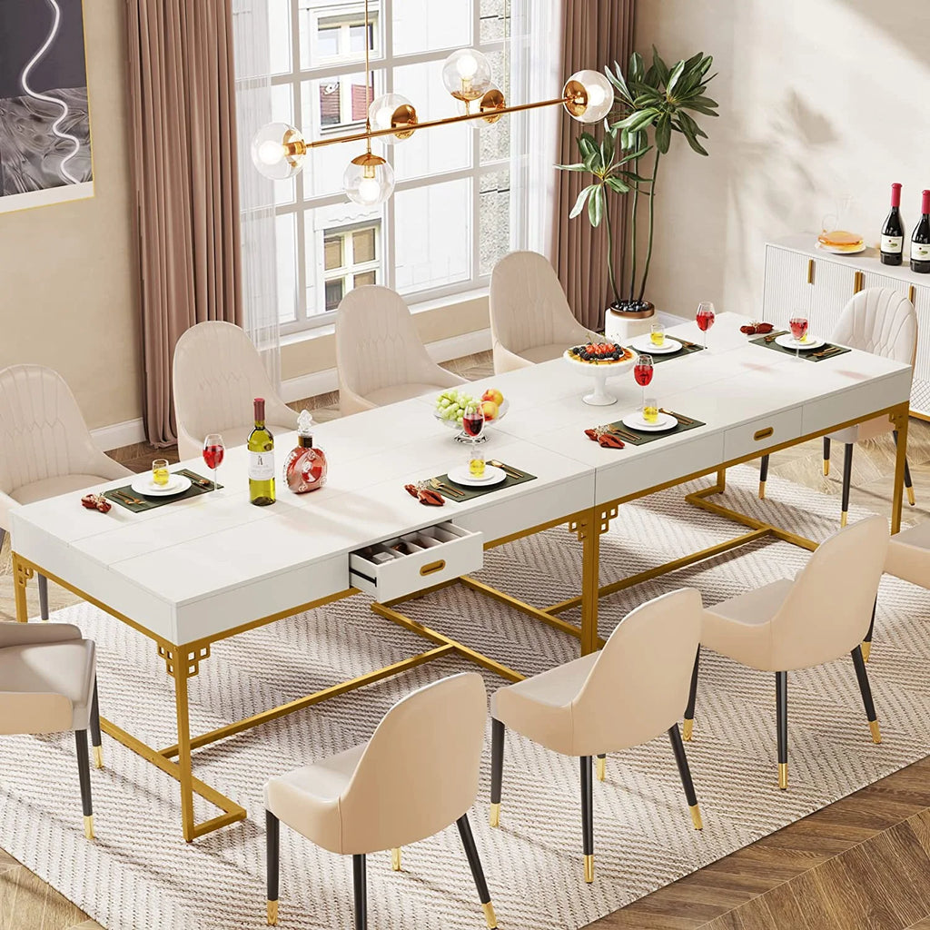 RUNFAYBIU 63 Inch Rectangular Dining Table with 2 Drawers, White & Gold I877577