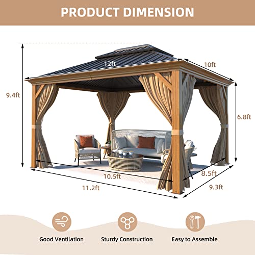 YOLENY 10' x 12' Hardtop Gazebo with Galvanized Steel Double Roof, Netting and Curtains Y84317