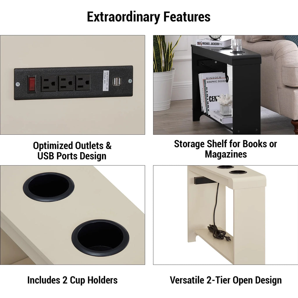 End Table with Charging Station for Living Room, USB Ports & Outlets Y492