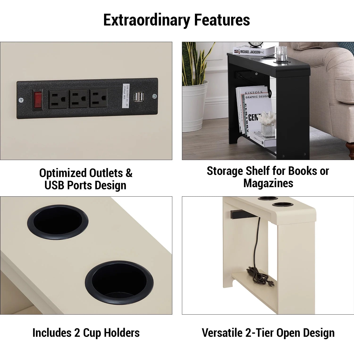 End Table with Charging Station for Living Room, USB Ports & Outlets Y492